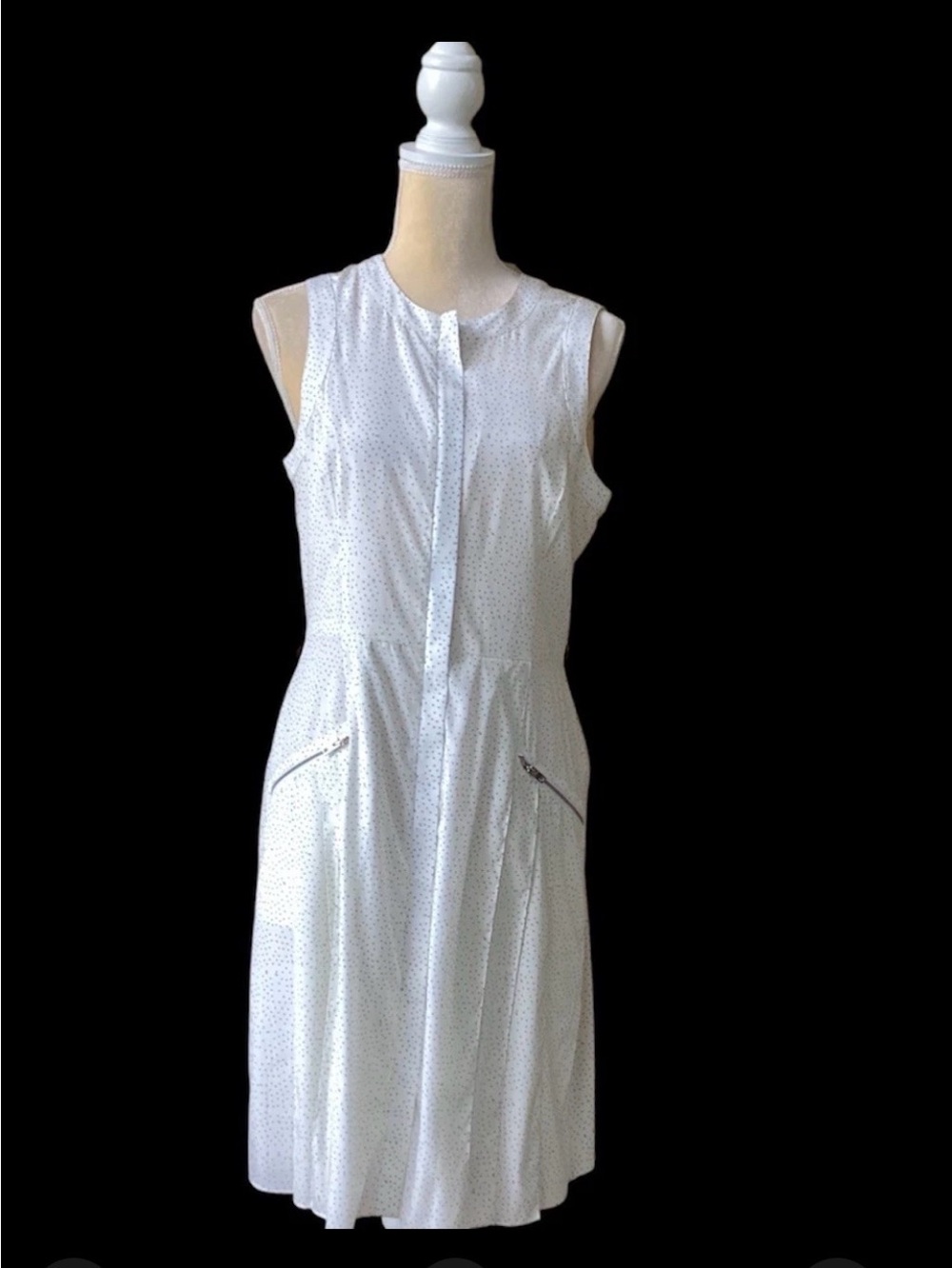 Rag And Bone White Polka Dot Silk Blend Front Zip Cinch Flowy Sleeveless Dress 8